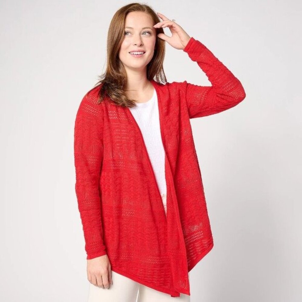 NWT Joan Rivers Open-Front Crochet Cardigan Red Sweater L